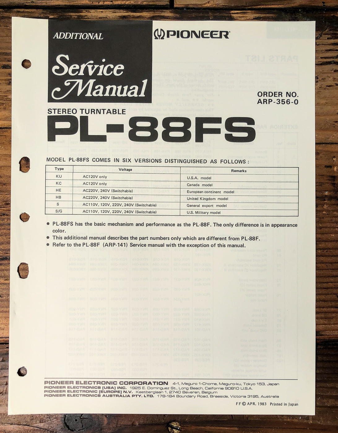 Pioneer PL-88FS Turntable Supp. Service Manual *Original*