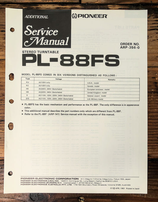 Pioneer PL-88FS Turntable Supp. Service Manual *Original*