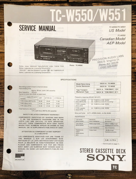 Sony TC-W550 TC-W551 Cassette  Service Manual *Original*