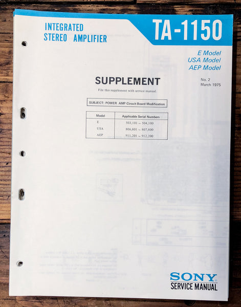 Sony TA-1150 Amplifier Supp. Service Manual *Original*