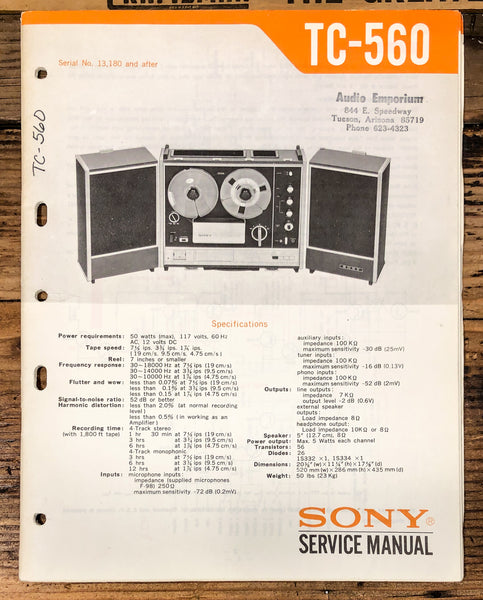 Sony TC-560 Reel to Reel Service Manual *Original* #1