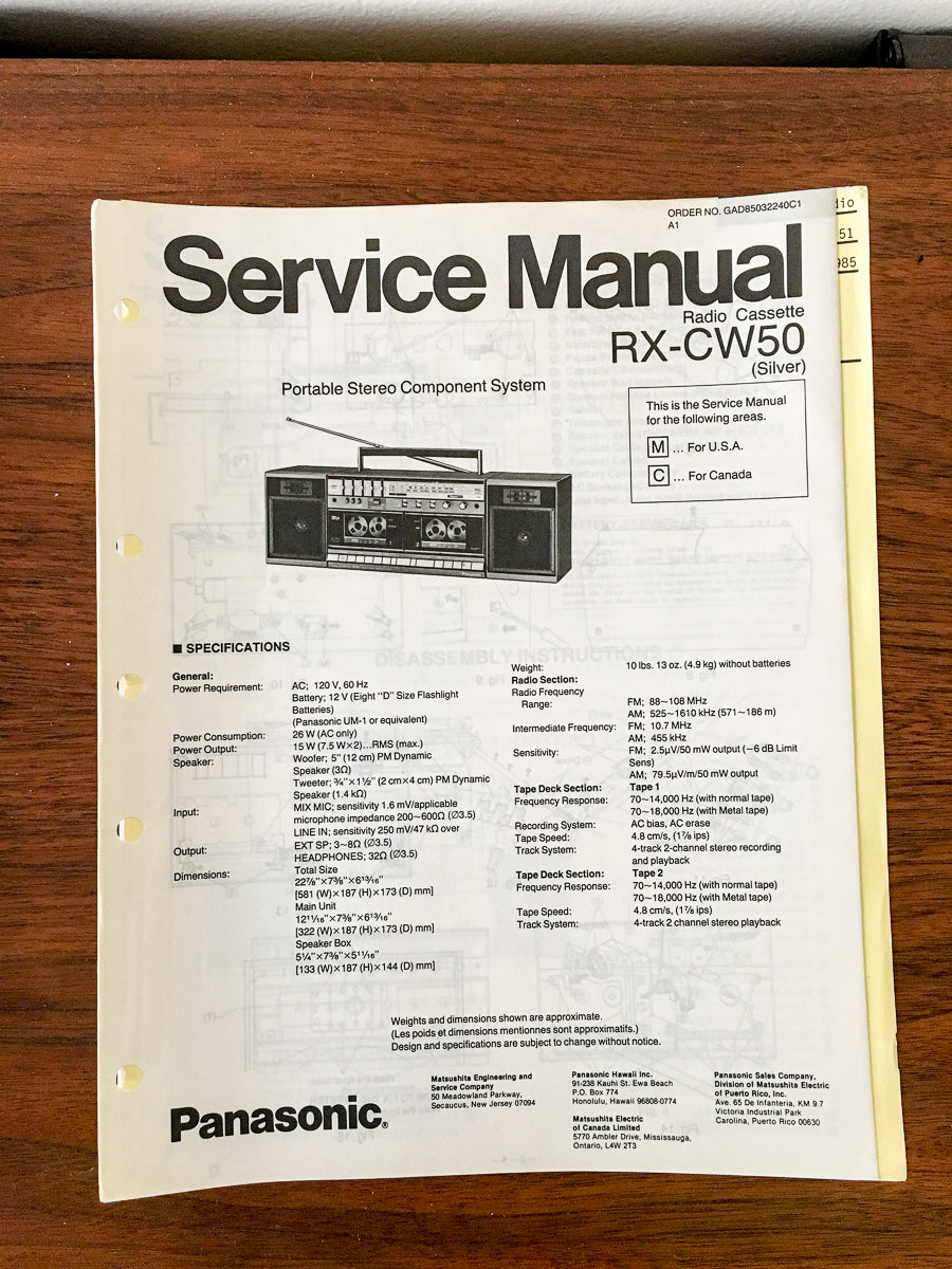 Panasonic RX-CW50 Radio Cassette Service Manual *Original*