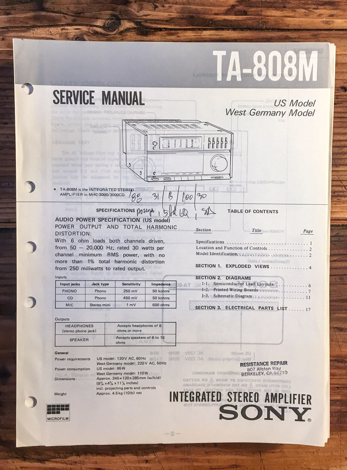 Sony TA-808M Amplifier  Service Manual *Original*