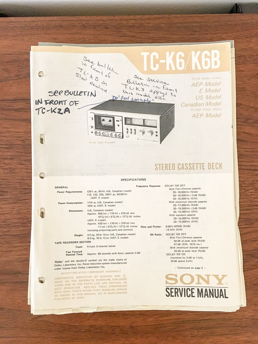 Sony TC-K6 TC-K6B Cassette Service Manual *Original*