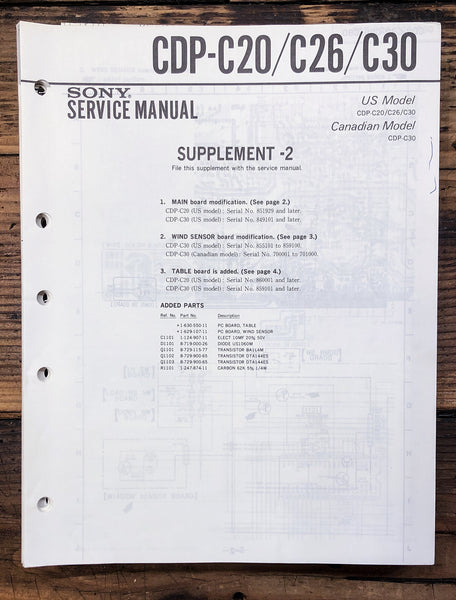 Sony CDP-C20 CDP-C26 CDP-C30 CD Player Supp. 2 Service Manual *Original*