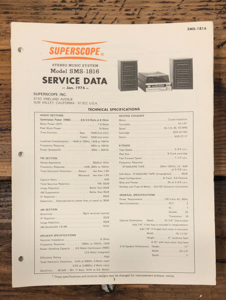 Superscope SMS-1816 Stereo  Service Manual *Original*