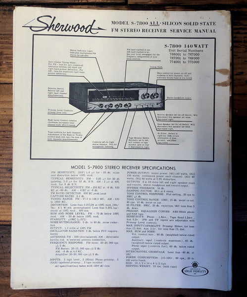 Sherwood S-7800 Receiver  Service Manual *Original* #2