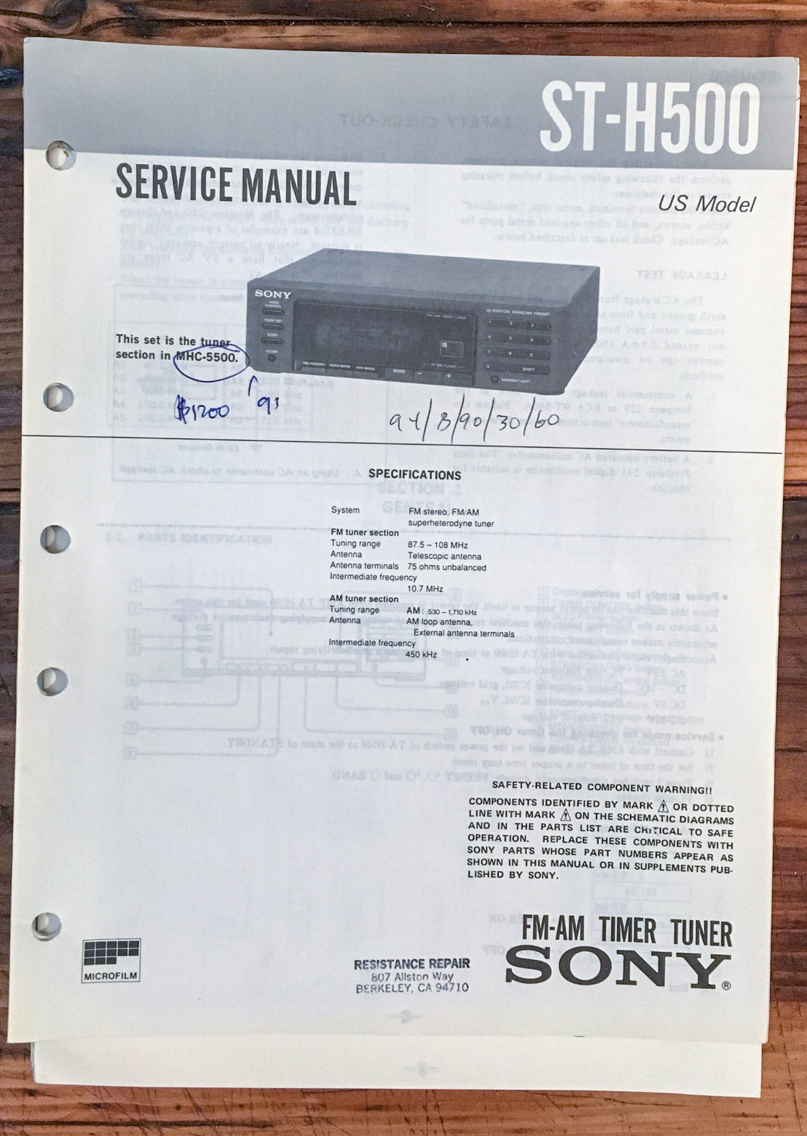 Sony ST-H500 Tuner  Service Manual *Original*