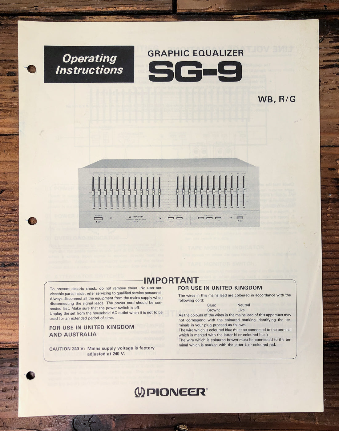 Pioneer SG-9 Graphic Equalizer Owners / User Manual *Original*