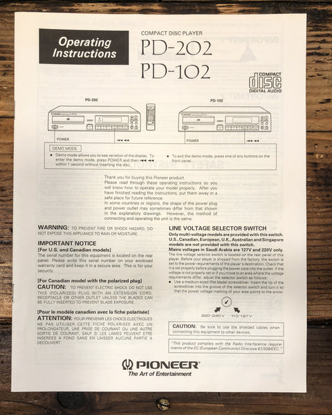 Pioneer PD-102 PD-202 CD Player Owners / User Manual *Original*