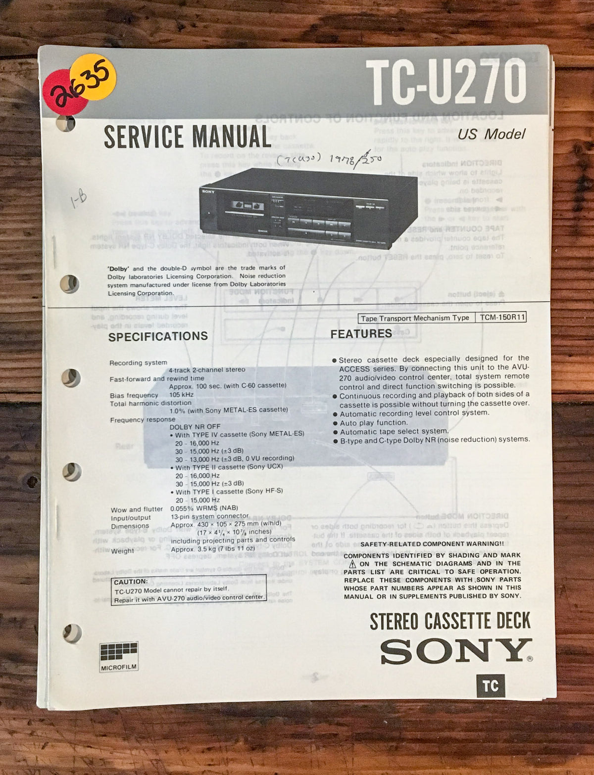 Sony TC-U270 Cassette Deck  Service Manual *Original*