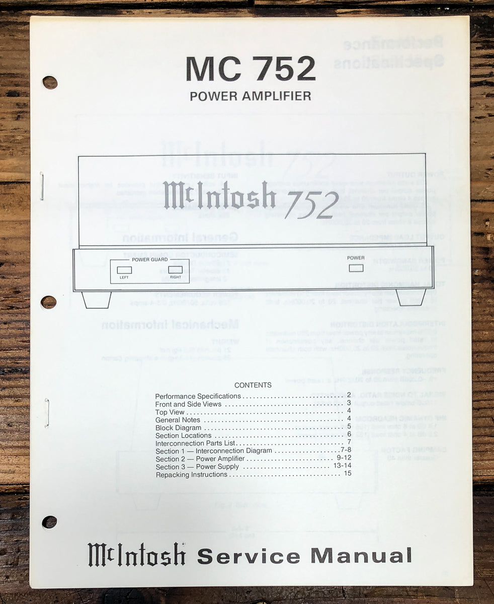 McIntosh MC-752 MC752 Amplifier Service Manual *Original*