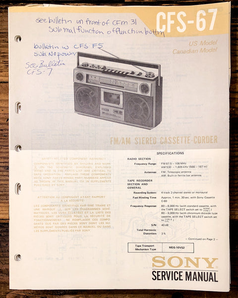 Sony CFS-67 Radio / Stereo  Service Manual *Original*