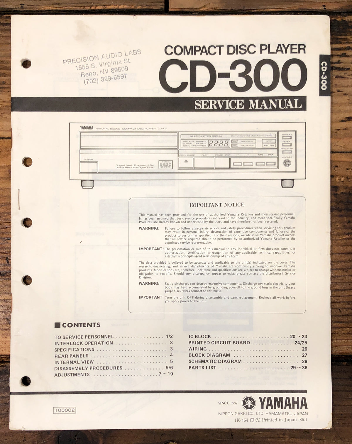 Yamaha CD-300 CD Player  Service Manual *Original*