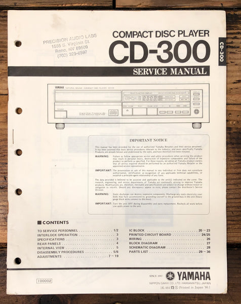 Yamaha CD-300 CD Player  Service Manual *Original*