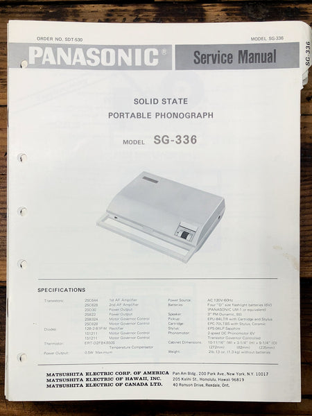 Panasonic SG-336 Record Player / Turntable  Service Manual *Original*