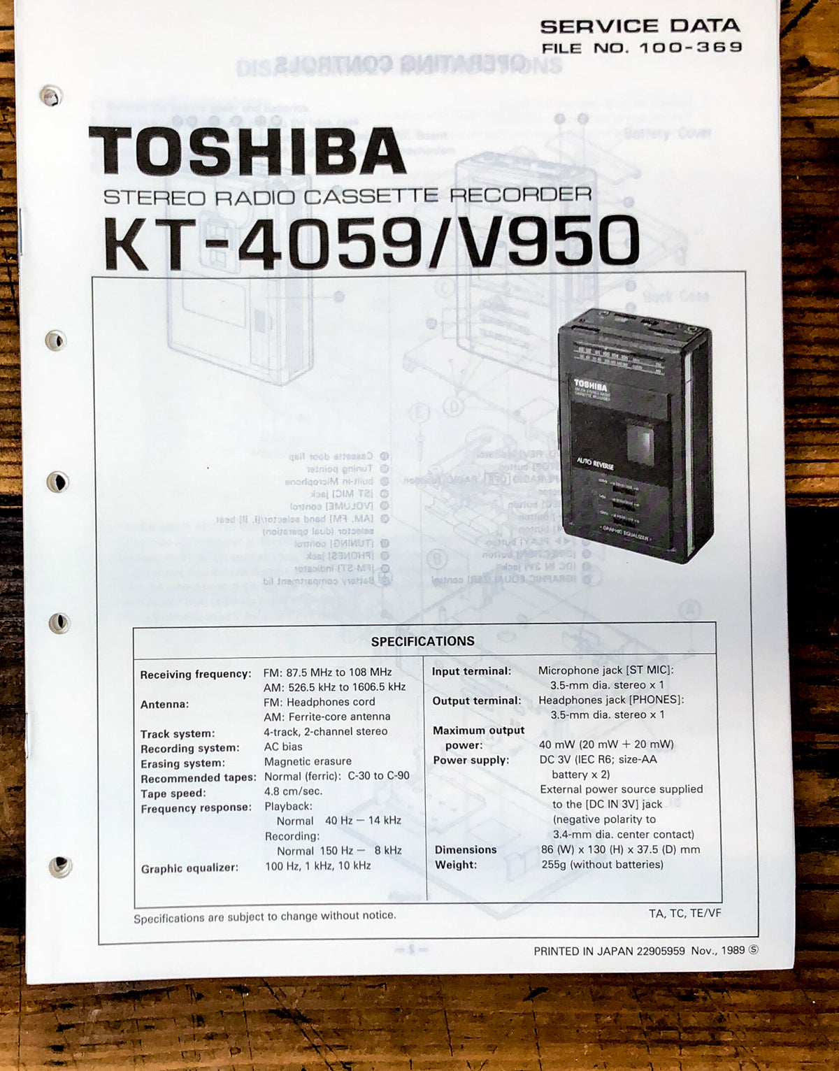 Toshiba Model KT-4059 KT-V950 Cassette Service Manual *Original*