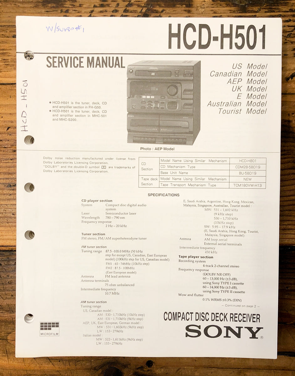 Sony HCD-H501 Stereo  Service Manual *Original*