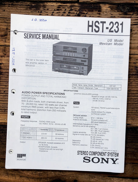 Sony HST-231 Stereo  Service Manual *Original*