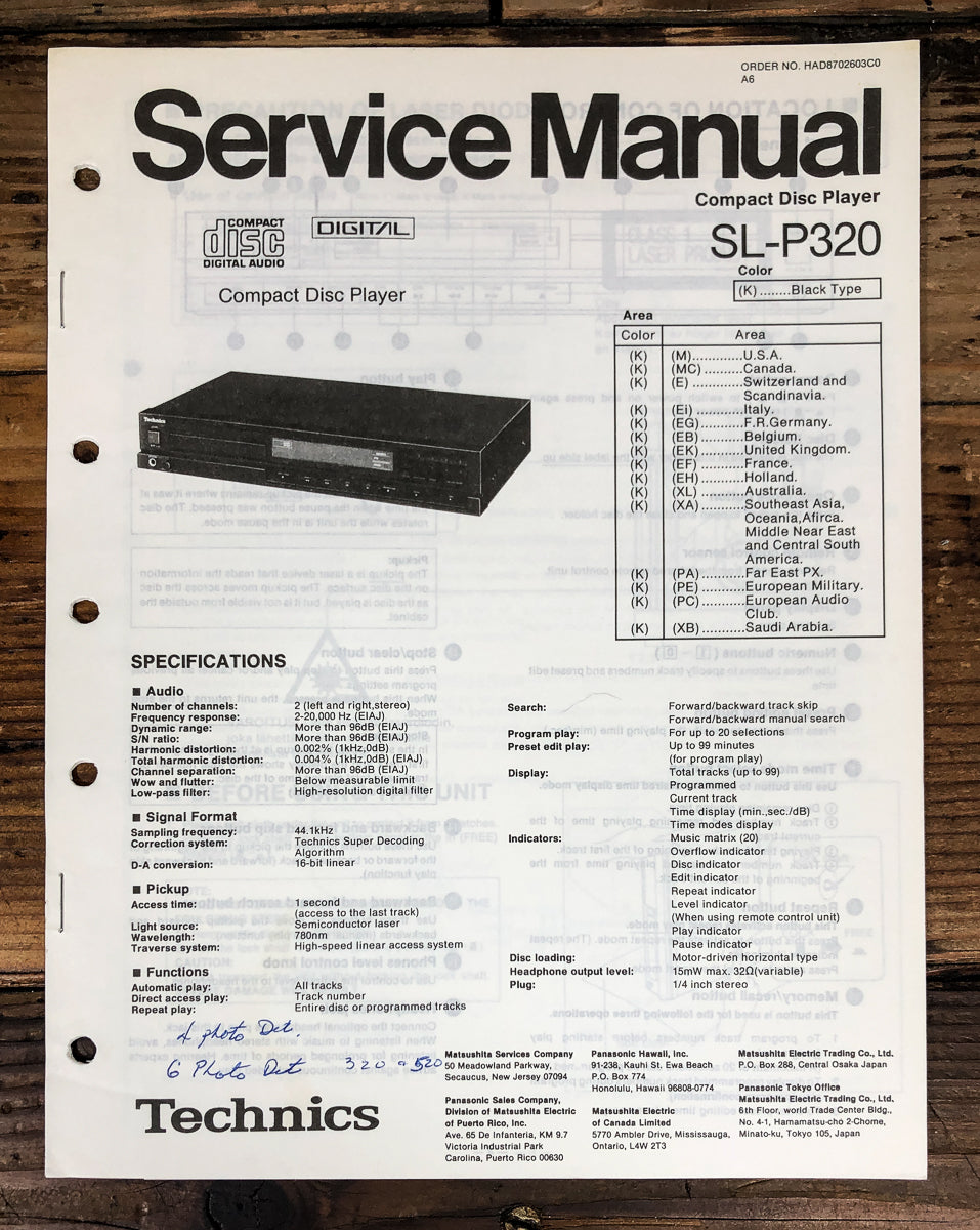 Technics SL-P320 CD Player Service Manual *Original*