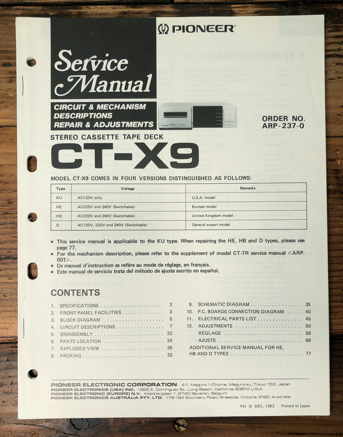 Pioneer CT-X9 Cassette Deck Service Manual *Original*