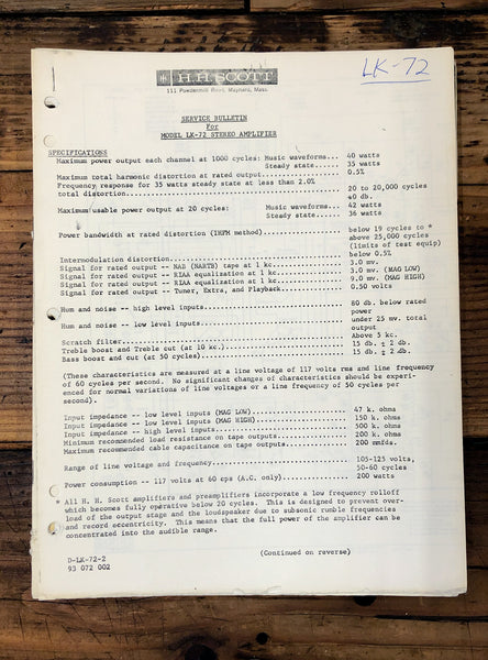 HH Scott LK-72 Amplifier Service Manual *Copy*