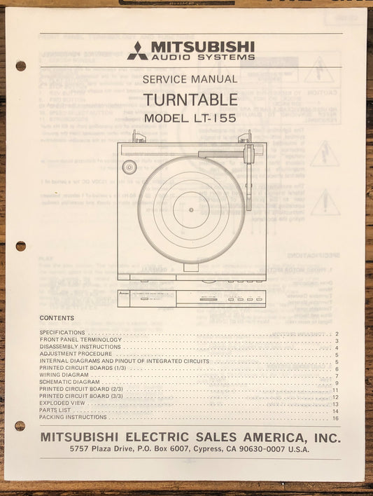 Mitsubishi LT-155 Record Player / Turntable  Service Manual *Original*