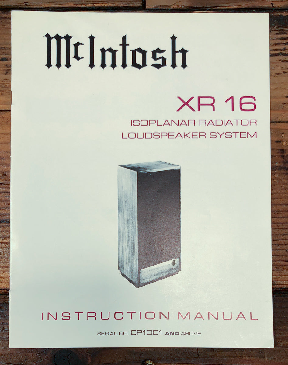 McIntosh XR16 Speaker Owners / User Manual *Original*