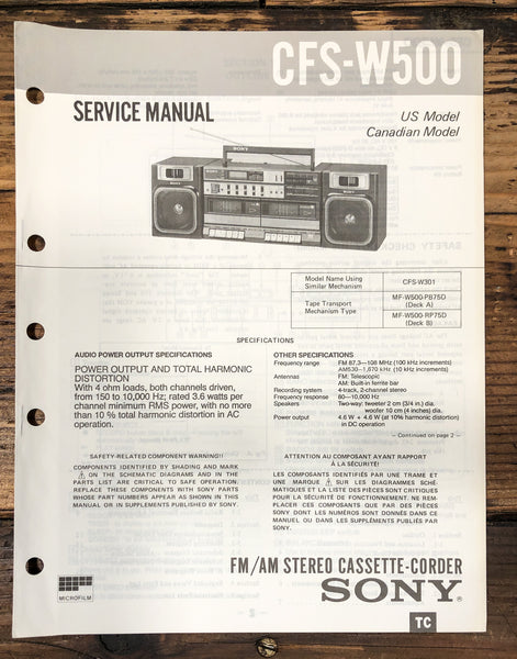 Sony CFS-W500 Radio Service Manual *Original*