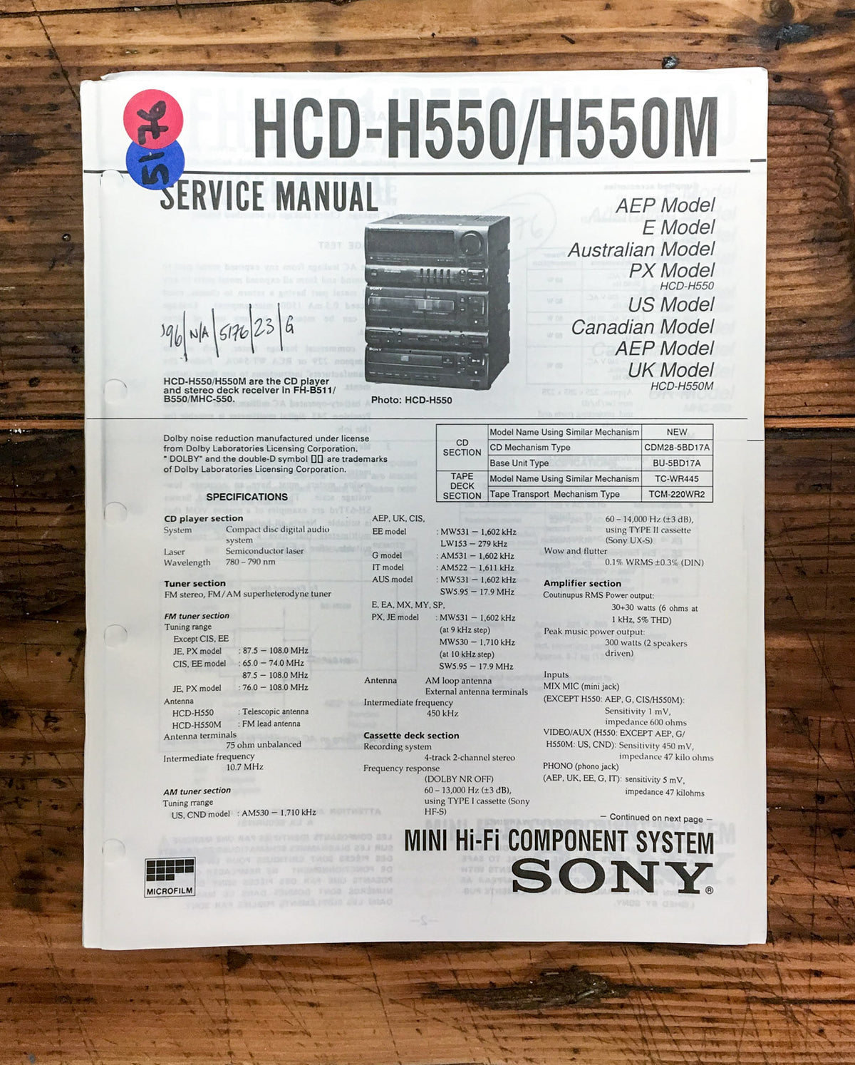 Sony HCD-H550 HCD-H550M Stereo  Service Manual *Original*