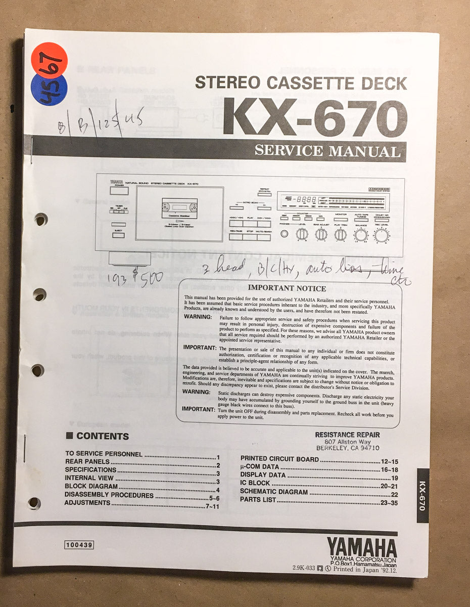 Yamaha KX-670 Cassette  Service Manual *Original*