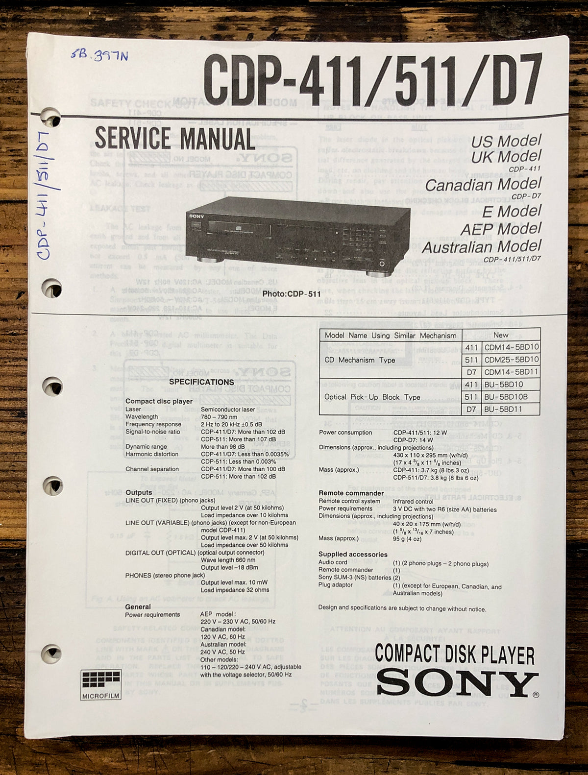 Sony CDP-411 CDP-511 CDP-D7 CD Player  Service Manual *Original*
