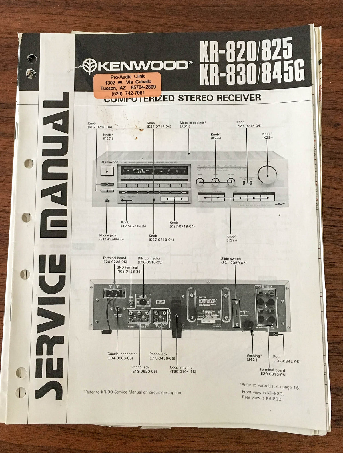 Kenwood KR-820 KR-825 KR-830 KR-845G Receiver Service Manual *Original*