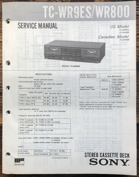 Sony TC-WR9ES TC-WR800 Cassette  Service Manual *Original*