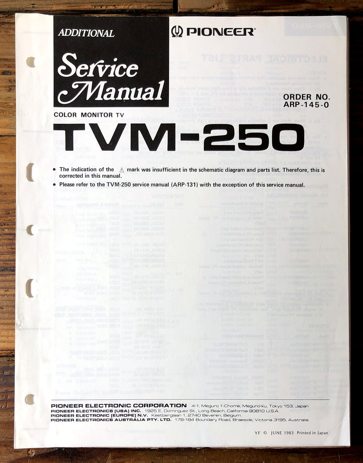 Pioneer TVM-250 Color Monitor TV Supp. Service Manual *Original*