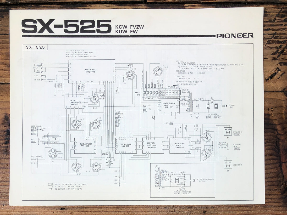 Pioneer SX-525 KCW KUW Receiver Fold Out Schematic *Original*