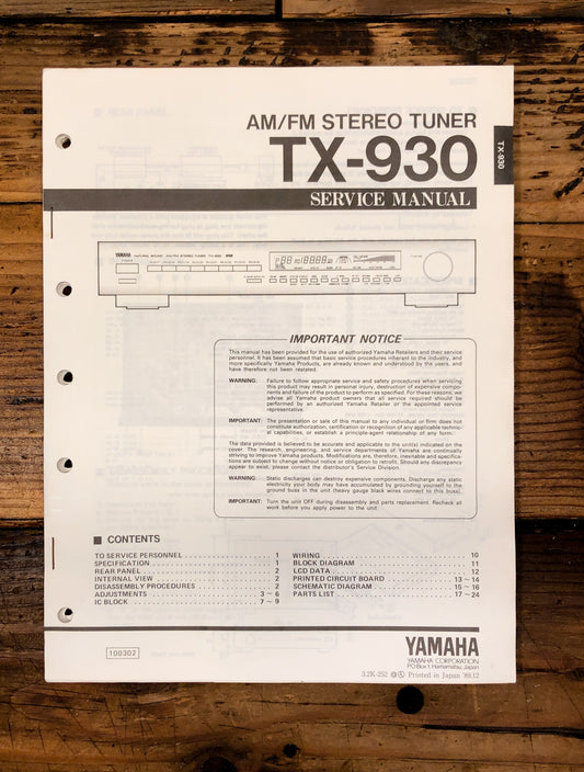 Yamaha TX-930 Tuner  Service Manual *Original*