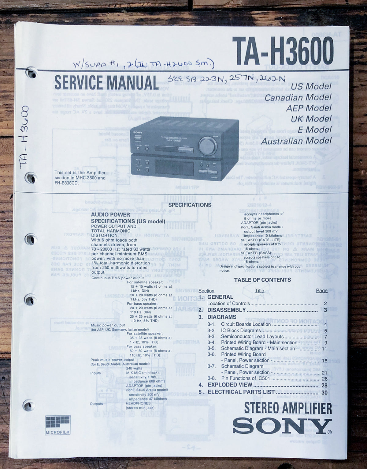 Sony TA-H3600 Amplifier  Service Manual *Original*