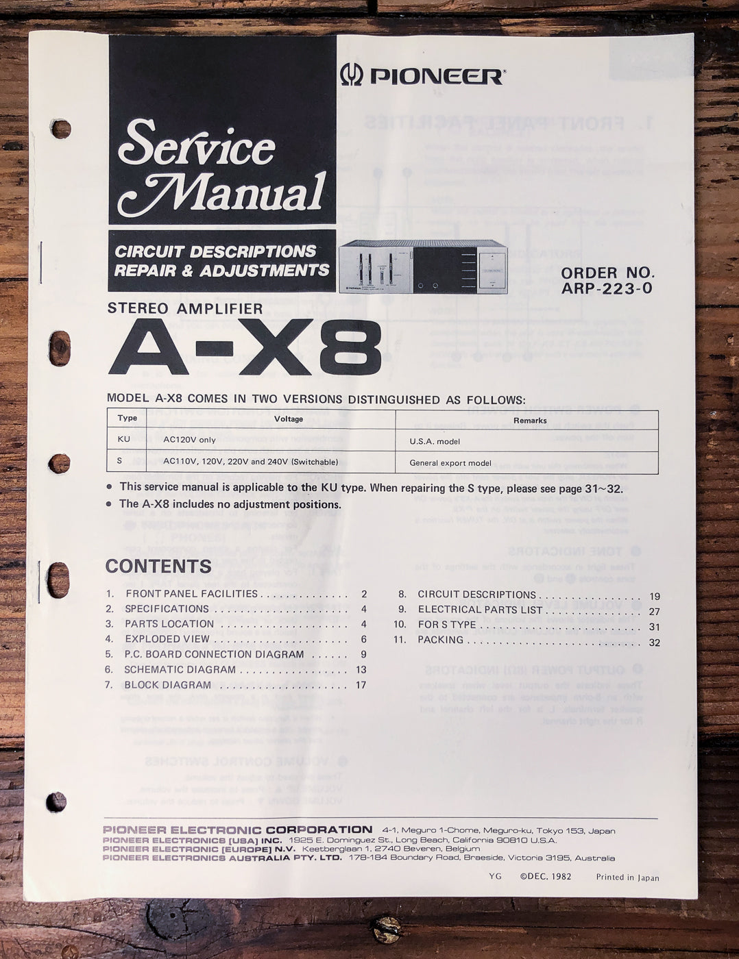 Pioneer A-X8 Amplifier Service Manual *Original*