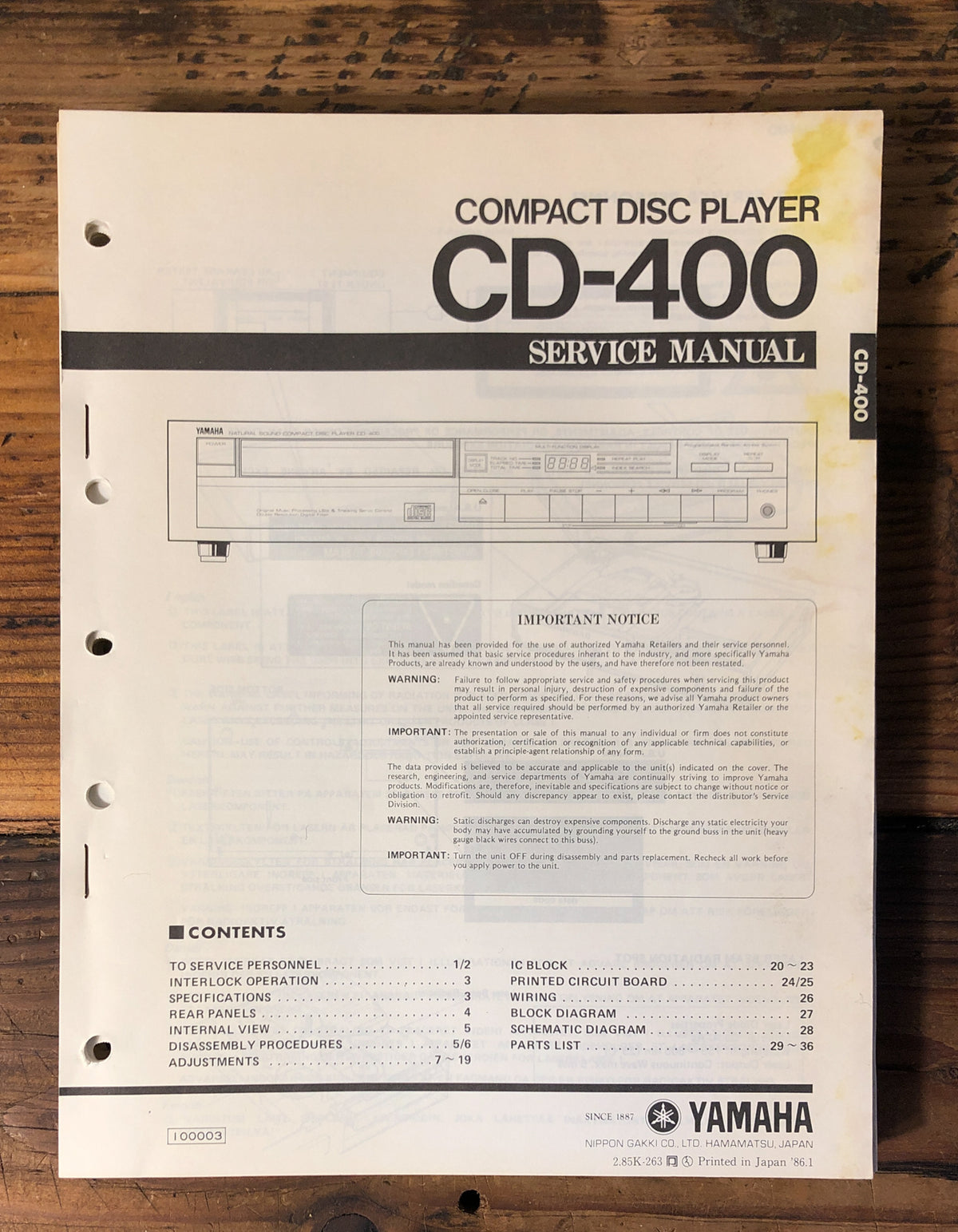 Yamaha CD-400 CD Player  Service Manual *Original*