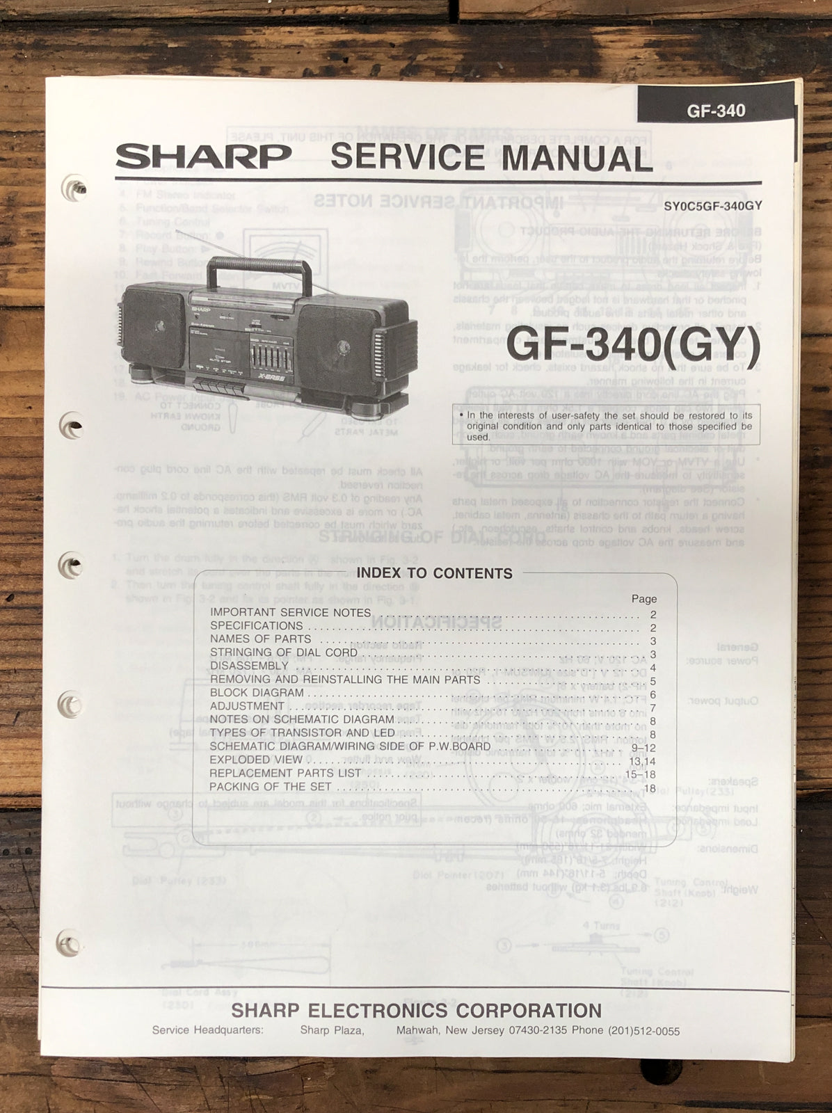 Sharp GF-340 Radio Cassette  Service Manual *Original*