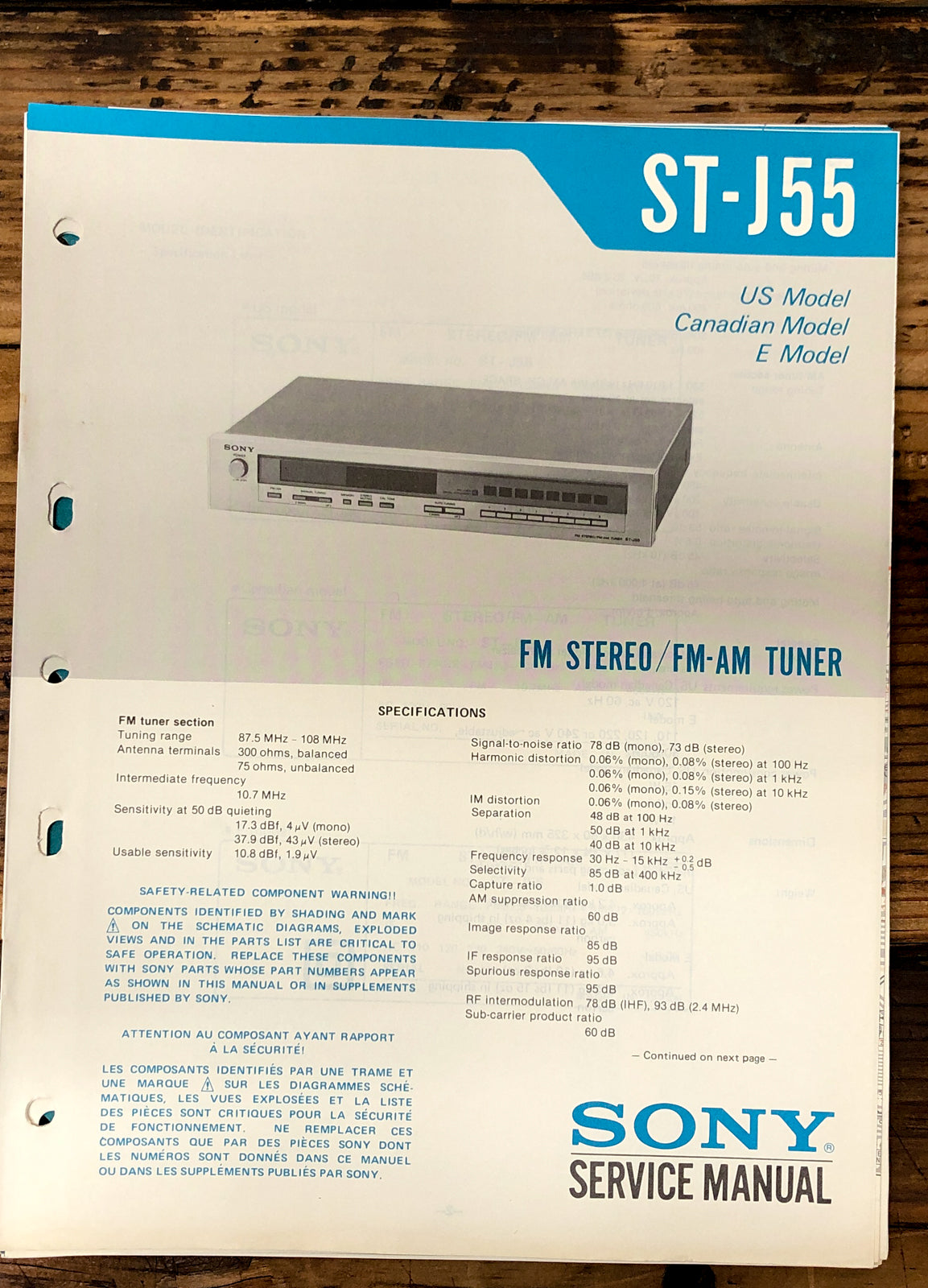 Sony ST-J55 Tuner  Service Manual *Original*