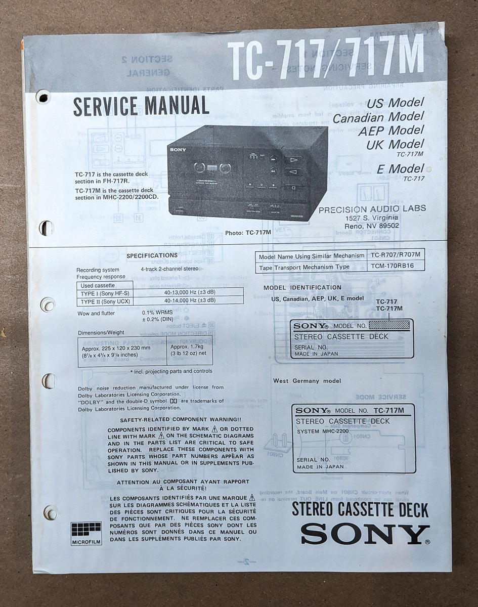 Sony TC-717 TC-717M Cassette Service Manual *Original*
