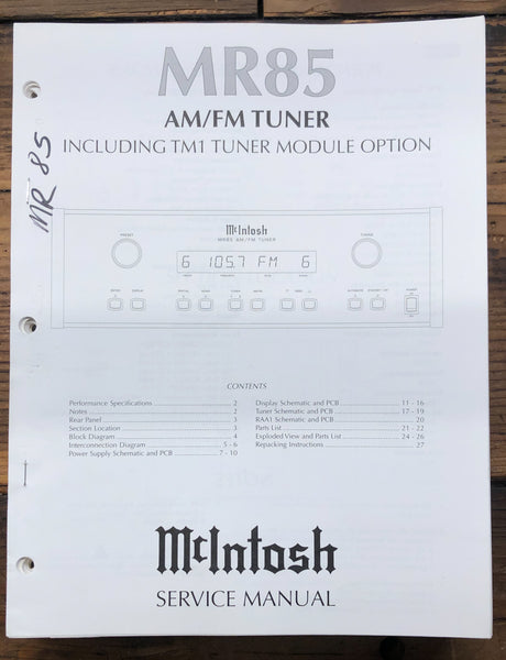 McIntosh MR85 MR-85 Tuner  Service Manual *Original*