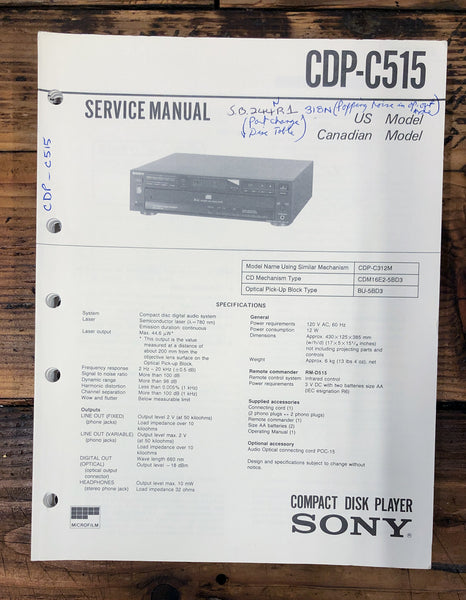 Sony CDP-C515 CD Player  Service Manual *Original*