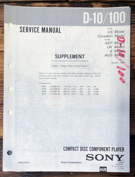 Sony D-10 D-100 CD Player Supp. Service Manual *Original*