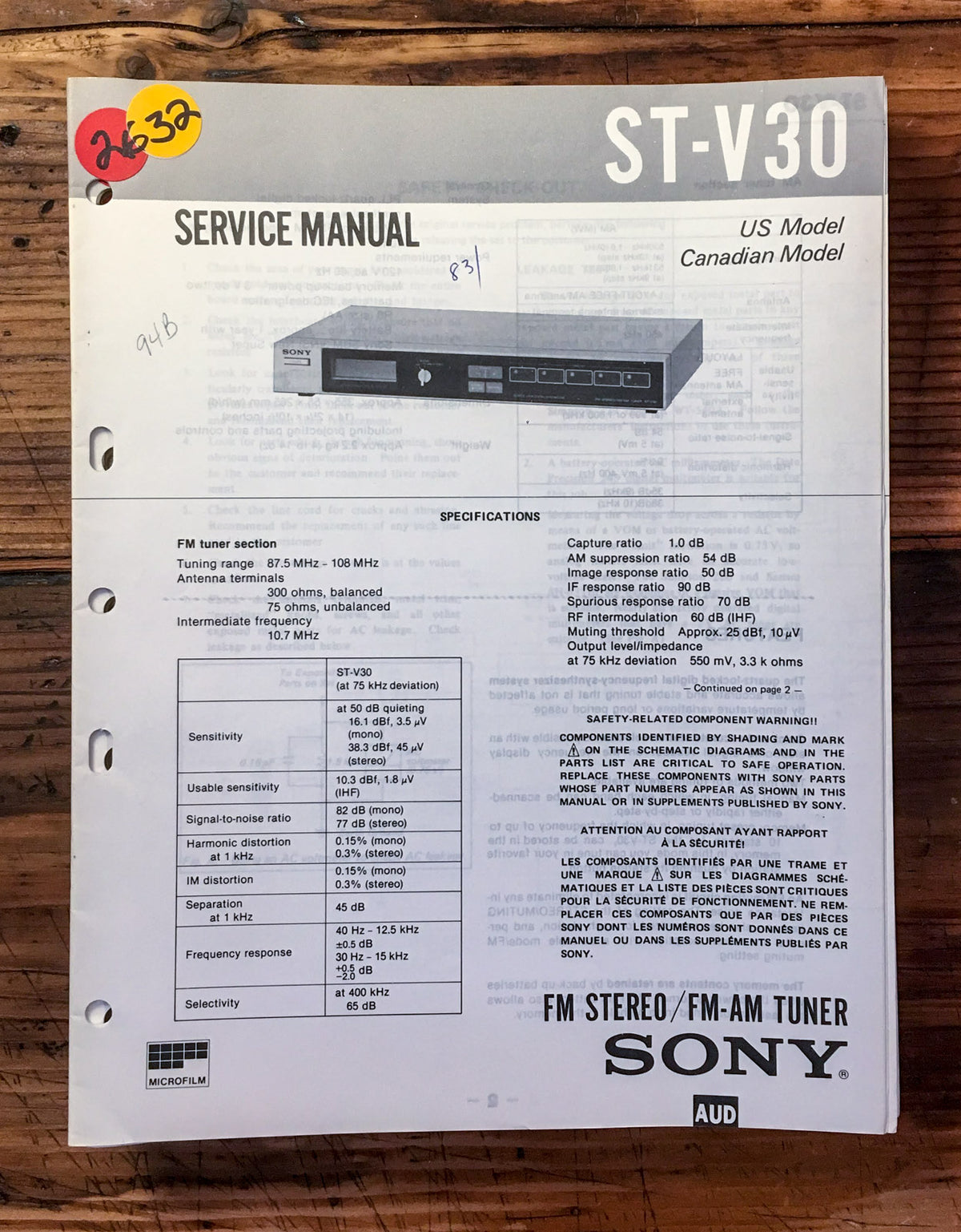Sony ST-V30 Tuner  Service Manual *Original*