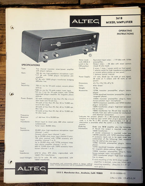 Altec Model 361B Amplifier  Owners Manual & Schematic *Orig*