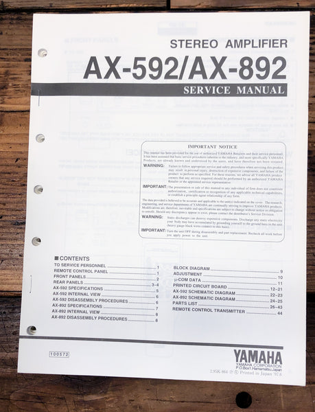 Yamaha AX-592 AX-892 Amplifier  Service Manual *Original*
