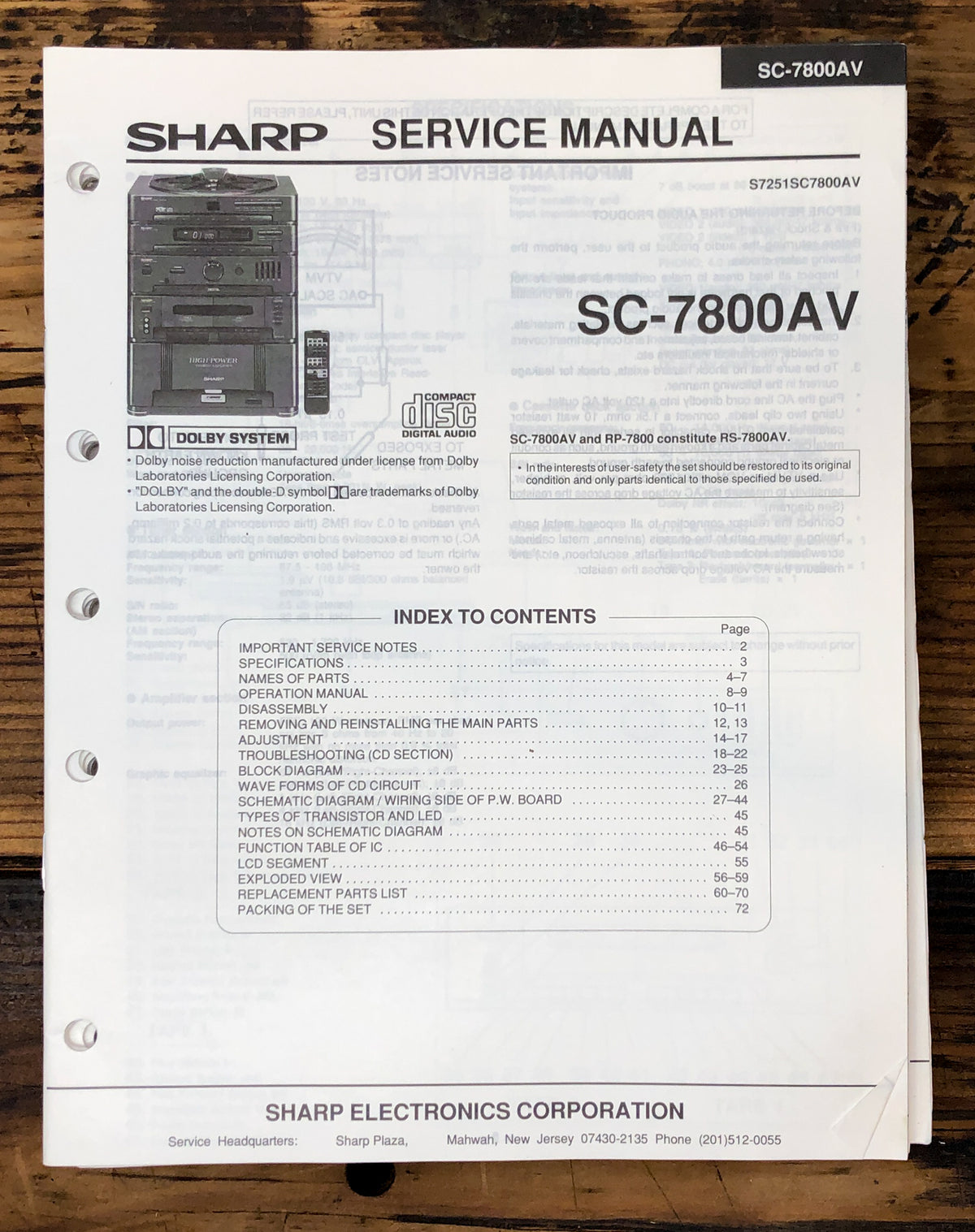 Sharp SC-7800AV Stereo System Service Manual *Original*
